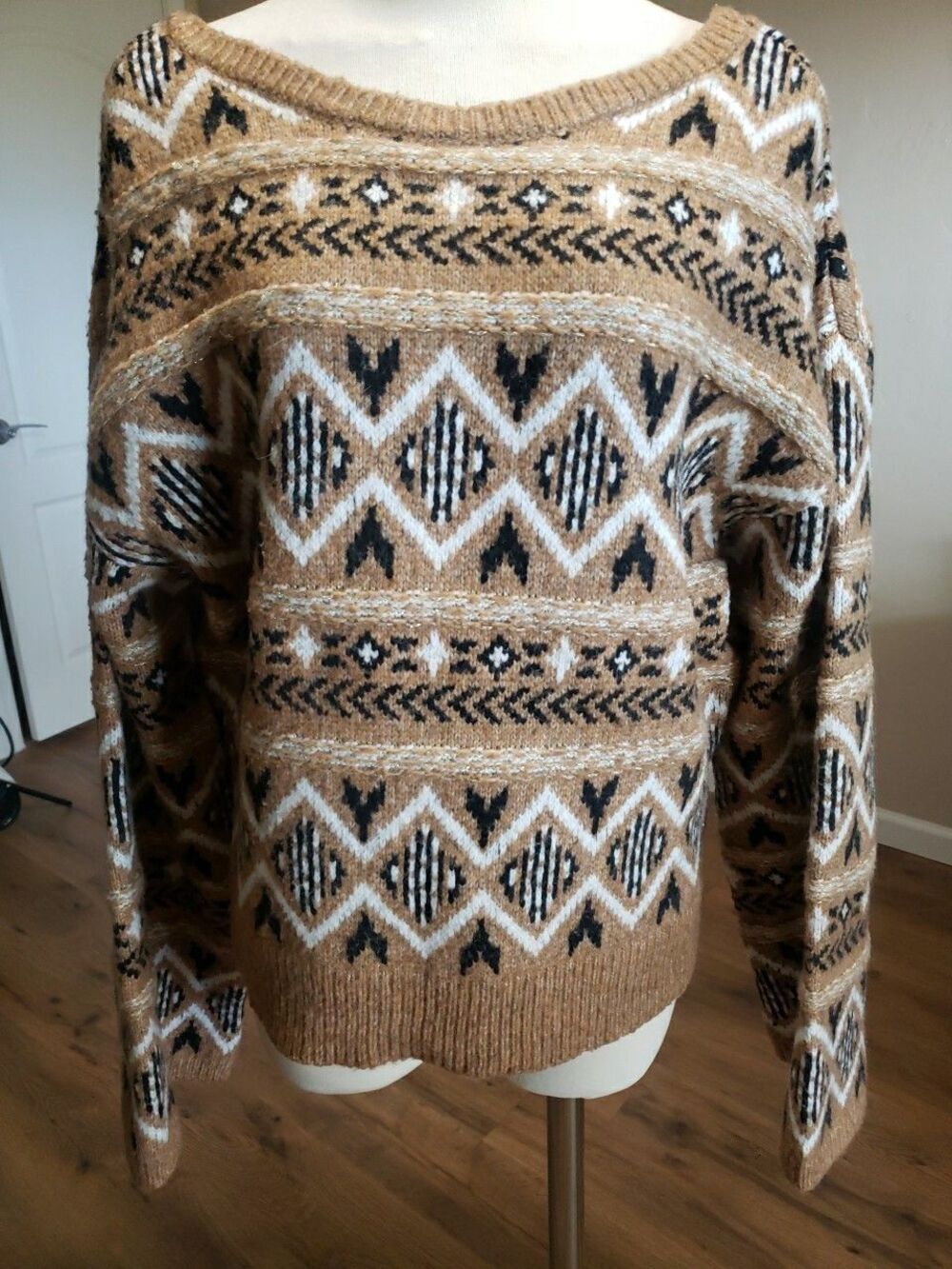 Sam Edelman Sweater Womens Sz. XL Metallic Geometric Fair Isle Print Pullover